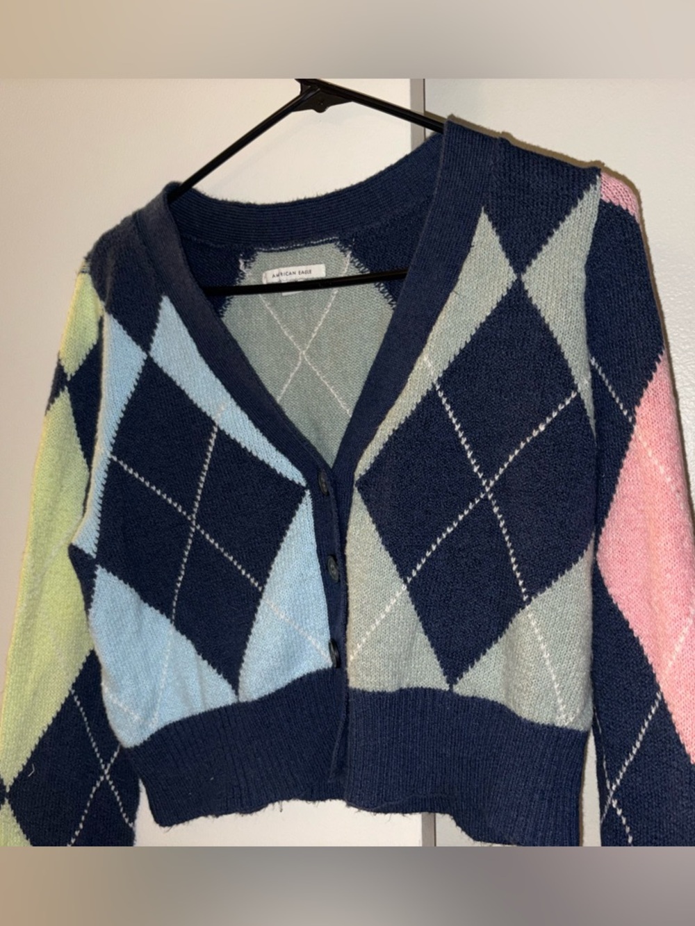 American Eagle Women's Argyle V-Neck Cardigan Sweater - Pink, Light Blue, Lime